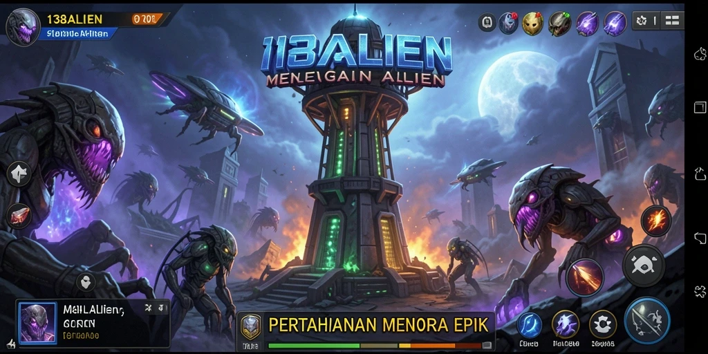 Tampilan gameplay seru dalam 138ALIEN dengan menara dan alien yang mengancam.