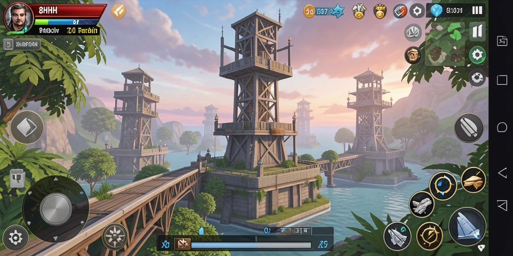 Tangkapan layar gameplay Tower Defense di 8HHH dengan menara dan musuh.