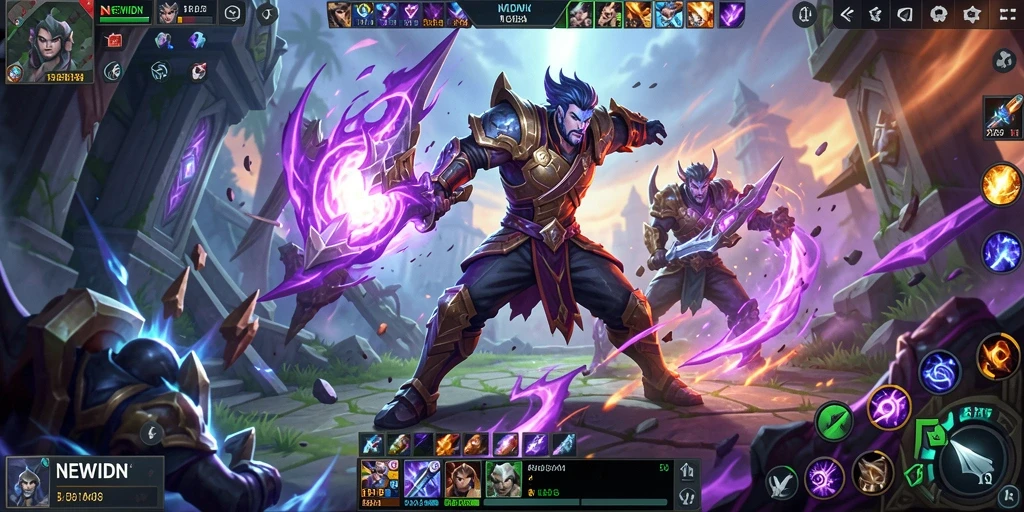 Screenshot gameplay yang intens di arena MOBA NEWIDN.